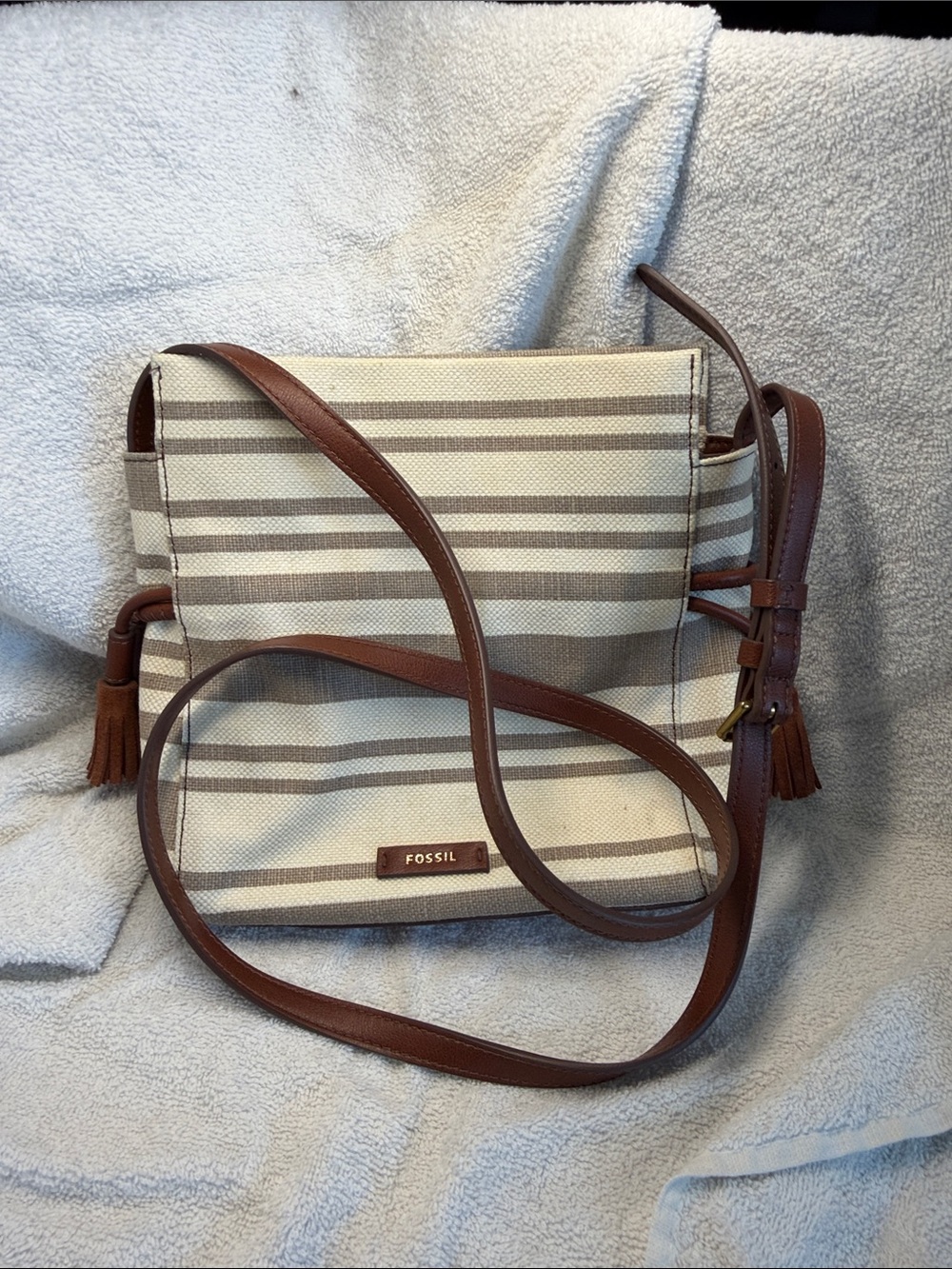 Fossil Cream and Brown Striped Canvas Crossbody with Leather Trim